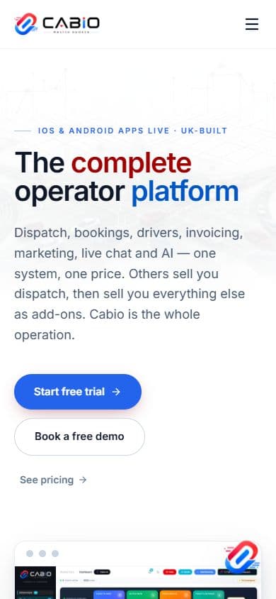 Cabio Master Booker: Multi-tenant taxi dispatch for UK operators.