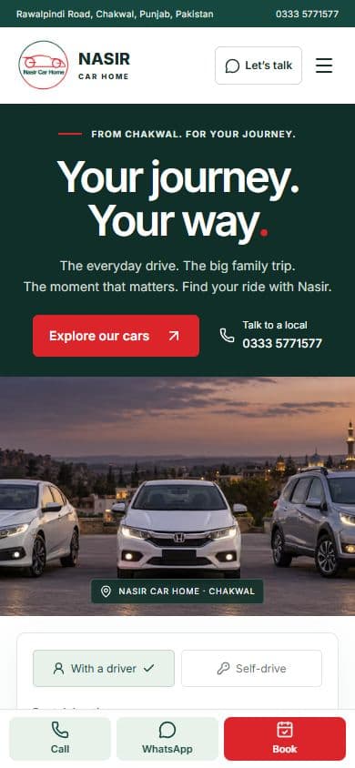 NCH — Nasir Car Home: Car hire with a driver or self-drive, booked from the page.