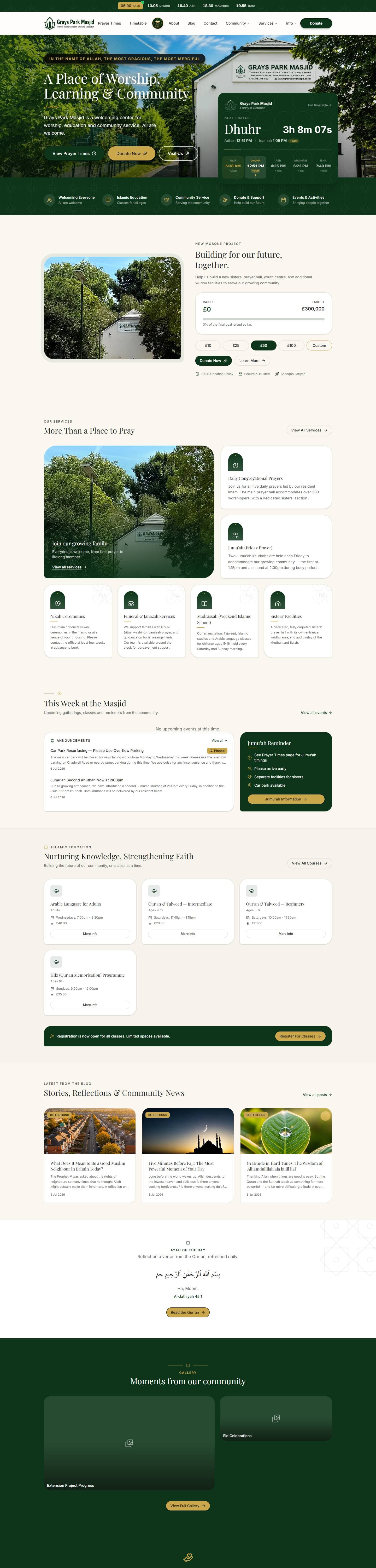 Grays Park Masjid website, full page
