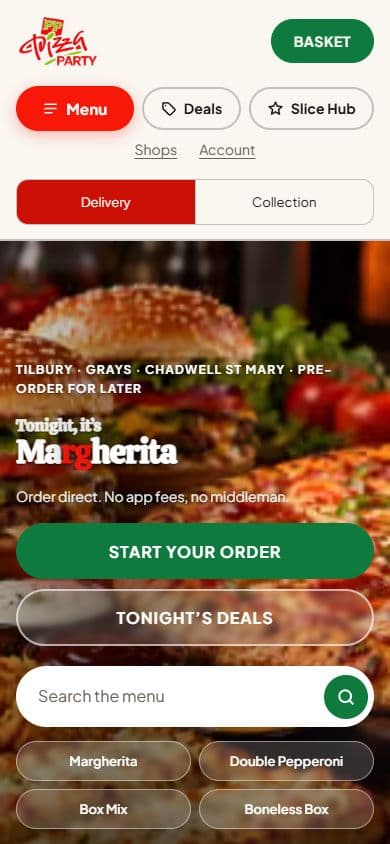Pizza Party: Direct online ordering for a second takeaway, from the same platform as Farm Pizza.